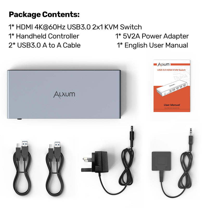Alxum 2 in 1 Out USB A HDMI KVM Switch-2 Computers 1 Monitor,Two Mode Switching,4K@60Hz,5Gbps High-Speed Transmission,4 USB A for Two Computers Sharing One Monitor,DC5V Adapter and Desktop Controller HDMI*2