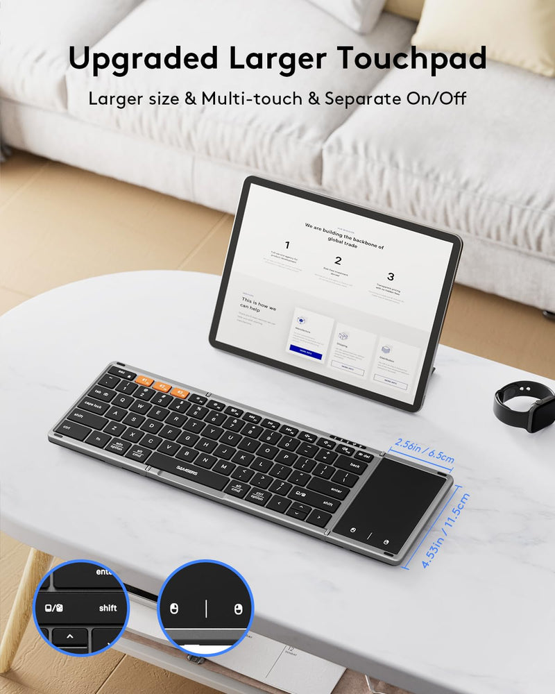 Samsers Foldable Bluetooth Keyboard with Touchpad, Full-Size Wireless Folding Keyboard with PU Leather, Portable Travel Keyboard for iOS Android Windows Mac OS, Support 3 Devices (BT5.1 x 3) Space Gray