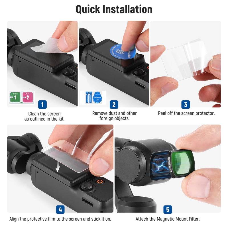 NEEWER Magnetic Black Diffusion 1/4 Filter Compatible with DJI OSMO Pocket 3, Dreamy Cinematic Effect Lens Filter with Ultra Slim Frame & Multi Coated HD Optical Glass, 2 LCD Touch Screen Protectors