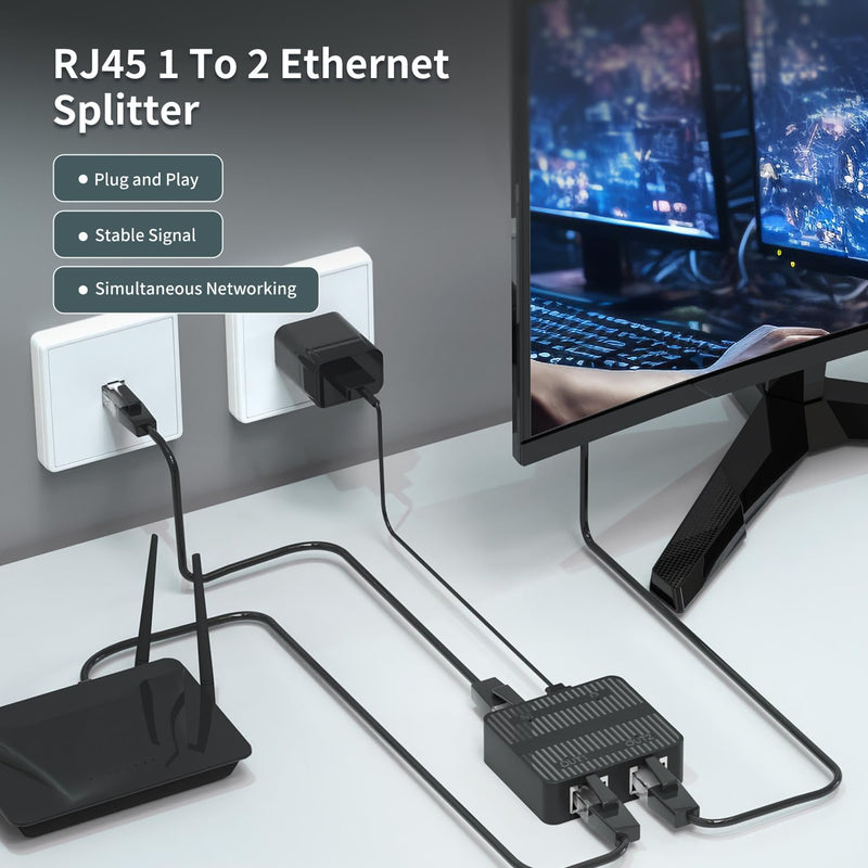 Gigabit Ethernet Splitter 1 to 2 Devices Simultaneously Networking, 1000Mbps High Speed LAN Splitter with USB-C Power Cable, Network Switch Hub Adapter for RJ45 Cat 5/5e/6/7/8 Cable