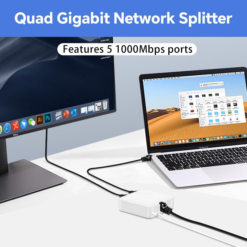 Ethernet Splitter 1 to 4, 1000Mbps High Speed Ethernet Cable Splitter, Network Splitter [4 Devices Simultaneous Networking], Gigabit RJ45 LAN Network Extension for Cat8/7/6/5e/5 Cable