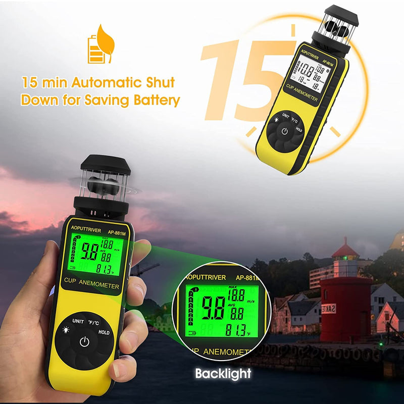 Digital Anemometer Handheld AP-881M Wind Gauge Anemometer with 360° Wind Direction Wind Cup Anemometer with Temp(℃/℉) Air Velocity Measurement Air Volume for HVAC Vents, Boat Sailing