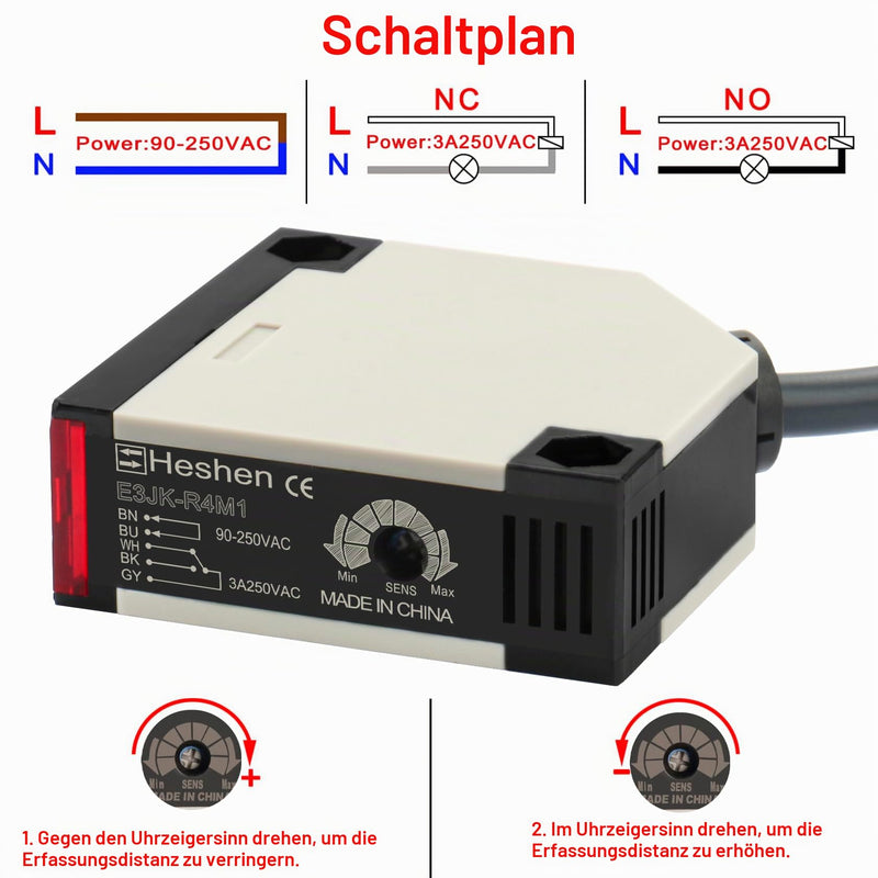 Heschen Photoelectric Switch, E3JK-R4M1, AC90-250V, Illuminated Type, Detection Distance 4M, with Reflector Plate