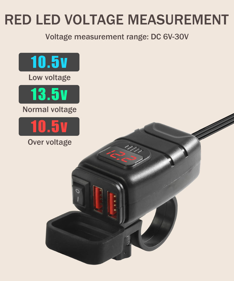 Motorcycle Phone Charger,Motorcycle USB Charger,Car Accessories Motorcycle USB Port with Voltmeter & ON/Off Switch,Motorcycle USB Charger Waterproof,SAE to USB Adapter for Phone,Tablet,GPS