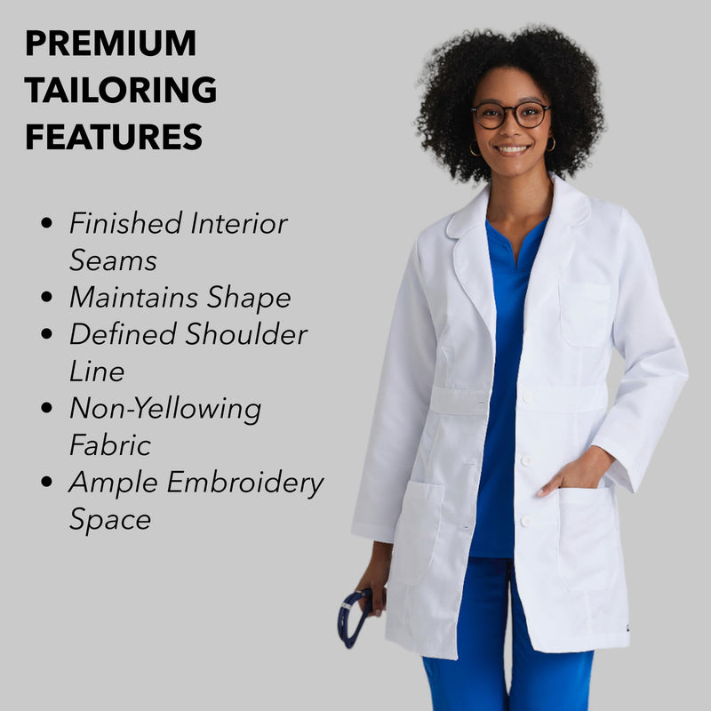 BARCO Grey's Anatomy Scrubs Lily Professional Full-Length 3-Button Long Sleeve 34" Medical Lab Coat for Women Medium White