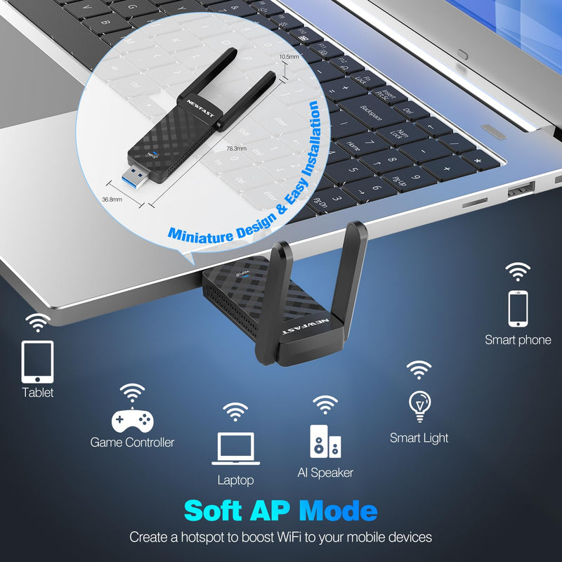 NEWFAST USB WiFi 6 Adapter U352, AX1800 Wireless Network Adapter for Desktop PC Laptop, USB 3.0 WiFi with Dual Band High Gain Antennas, MU-MIMO, WPA3, WiFi Dongle for Windows 11/10