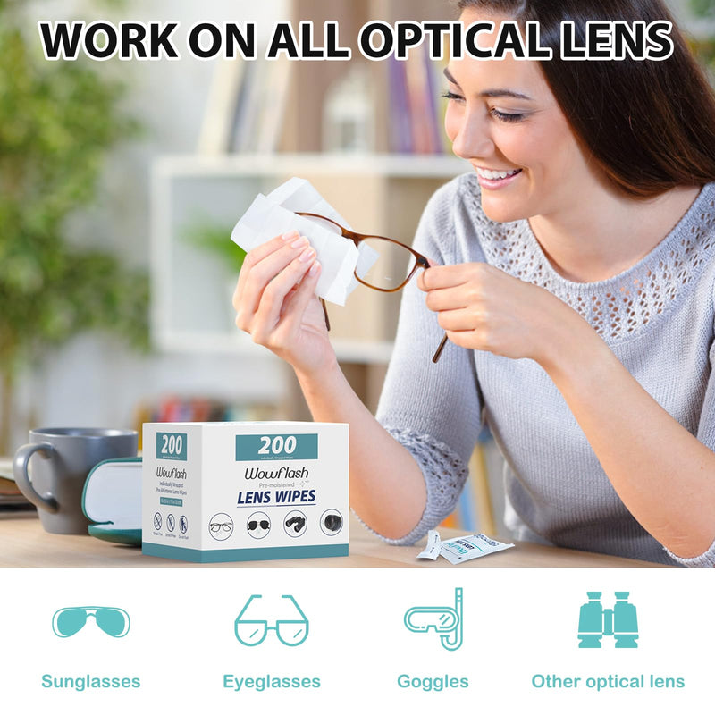200 Count Lens Wipes for Eyeglasses, Eyeglass Lens Cleaning Wipes Pre-moistened Individually Wrapped Sracth-Free Streak-Free Eye Glasses Cleaner Wipes for Sunglass, Camera Lens, Goggles 200 Count