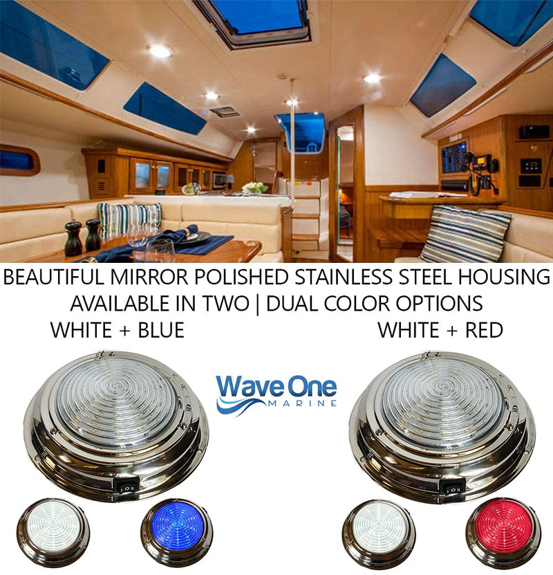 Wave One Marine Dual Color 7" LED Boat Dome Light 12V RV | Stainless Housing | Ceiling Cabin Room Surface Mount | Built In Rocker Toggle Switch (White | Cool Blue) White | Cool Blue