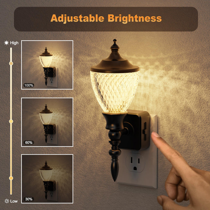 JandCase 2 Pack Night Lights Plug into Wall, 3000K Soft White, Dusk to Dawn Sensor, 0-100LM Dimmable Industrial Night Light, for Bedroom, Bathroom, Living Room, Hallway Black