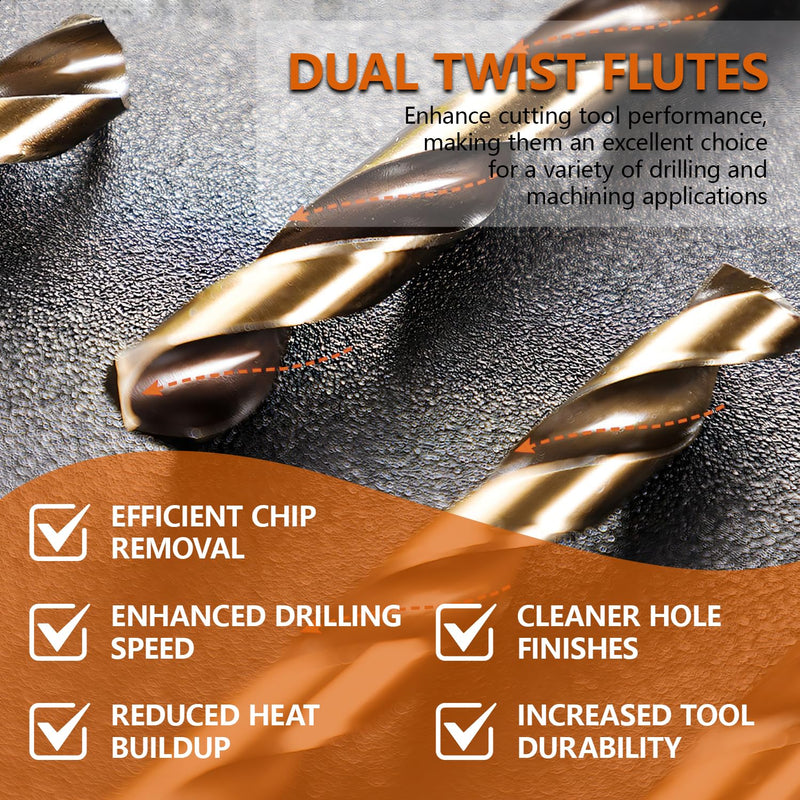 1/2 Inches 5-Pack Twist Drill Bits for Stainless Steel, M35 Cobalt Steel, Jobber Length, Dual Twist Flute, 135 Degree Split Point, Bronze Finish, with Tough PP Transparent Storage Case 1/2“(5pcs)
