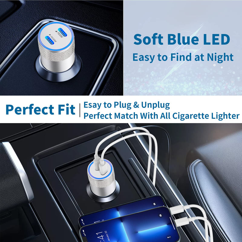 【MFi Certified】iPhone Car Charger Fast Charging, Braveridge 60W PD Dual USB-C Power Cigarette Lighter Car Charger+2Pack Type-C to Lightning Cable for iPhone 14 13 12 11 XS Max Mini XR SE iPad AirPods White(Dual USB-C)