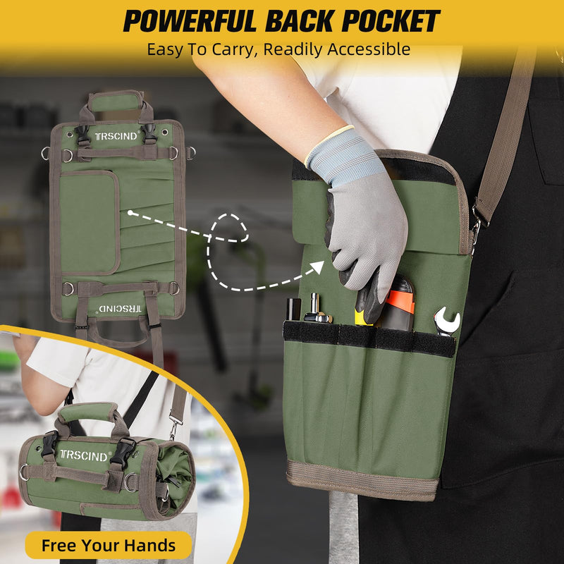 Tool Bag, Roll Up Bag, Tool Organizer with Detachable Pouches and Wrench Roll, Heavy Duty Tool Pouch, Gifts for Men Dad Fathers Day, Portable Tool Box for Motorcycle, Car, Electrician, Mechanic（Green） ARMY GREEN
