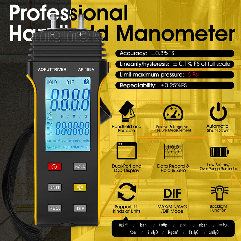 Pressure Gauge, AOPUTTRIVER AP-189A Professional Air Pressure Gauge, Dual Port Gas Pressure Gauge, Differential Pressure Gauge with 11 Selectable Units, HVAC Pressure Gauge with Data Storage AP-189A (6Psi)