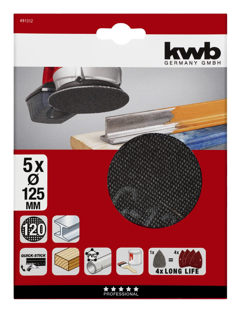 kwb grid linen sanding paper sanding grid disc for wet and dry sanding, for eccentric sander Ø 125 K-120, made of fiberglass, perforated with Velcro, 5 pieces K120, pack of 5 Ø 125 mm