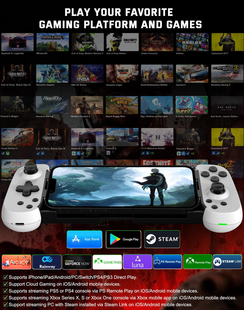 Joso Phone Controller for iPhone/Android/PC, D6 Wireless Game Controller for Switch/PS3/PS4 with Hall Joystick/Turbo/6-Axis Gyro/Dual Motor, iOS Android Controller Support Cloud Gaming/Remote Play White