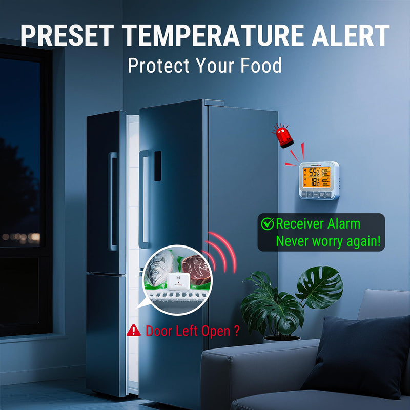 ThermoPro Wireless Freezer Refrigerator Thermometer with Alarm, 500 ft Range, Dual Sensors ±0.9℉ Accuracy, Fridge Thermometer with Backlit LCD Display, Rechargeable & Battery Included
