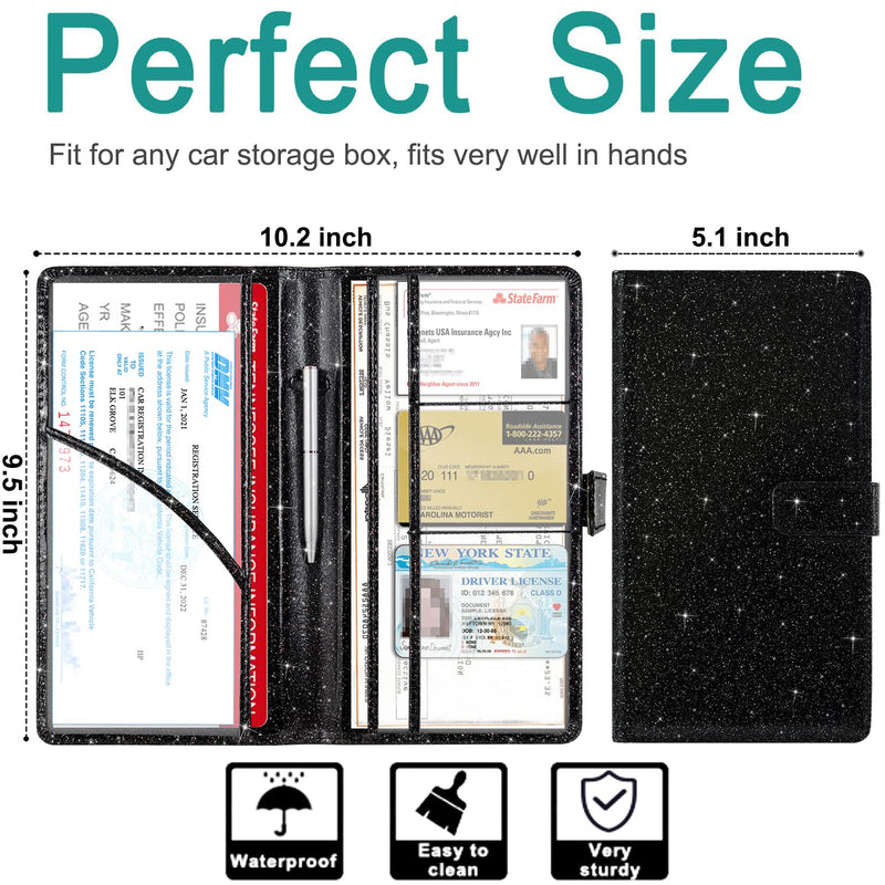 RSAquar Car Registration and Insurance Holder, Vehicle Glove Box Organizer Cool Car Accessories, Car Document Holder for Cards, Driver License & Essential Document, Black Glitter AAA Glitter Black