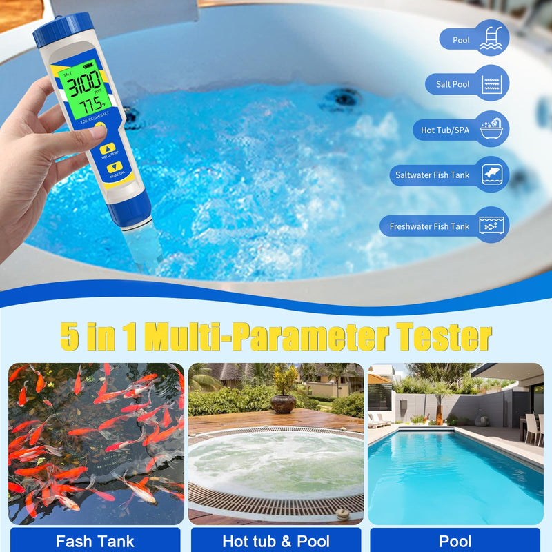 Pool Salt Tester pH Meter, Digital 7 in 1 pH EC TDS Temp Salinity Tester for Saltwater Pool Hot Tubs Spa Aquarium, pH and EC PPM Meter for Nutrients Growing light Blue