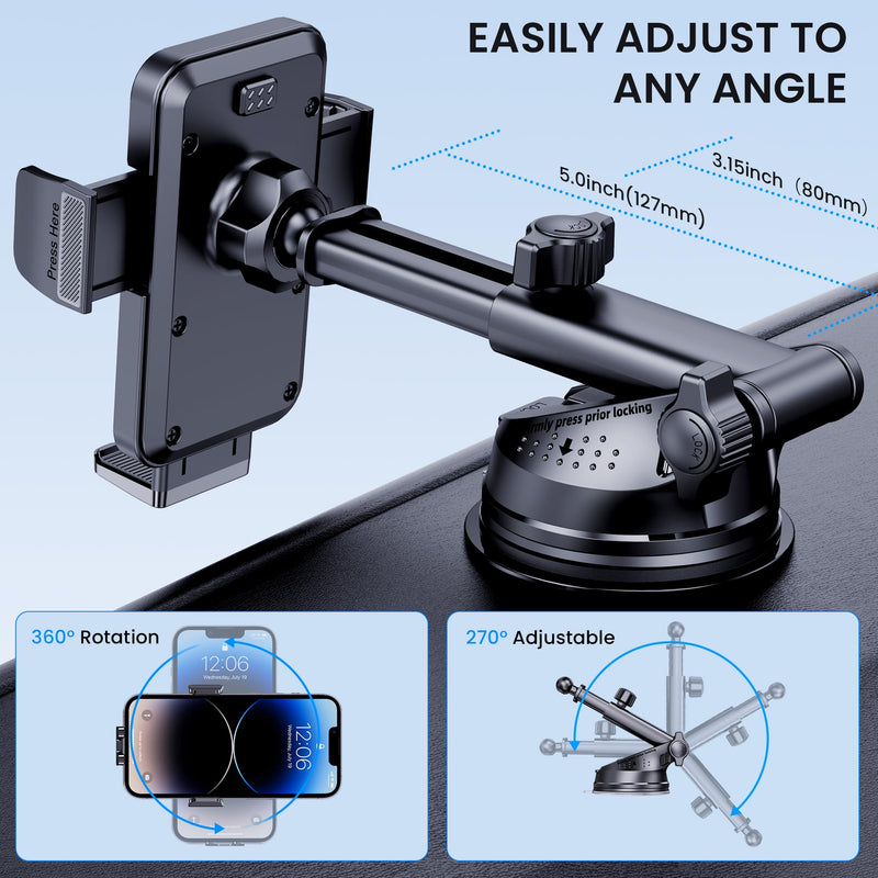 Phone Holder Car [Military-Grade Suction] Universal Car Phone Holder [Thick Case Friendly] Automobile Accessories Dashboard Air Vent Windshield Phone Mount Fit for iPhone Android Smartphones Black