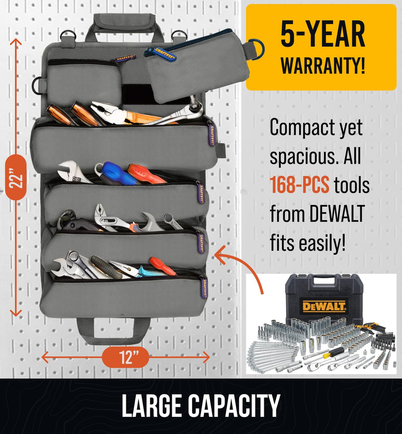 CRAFT911 Durable Tool Bag Organizers w/Detachable 6 Tool Pouches - Small | Compact & Lightweight Tool Roll Up Organizer for Electrician, Mechanic, Hobbyist Gray