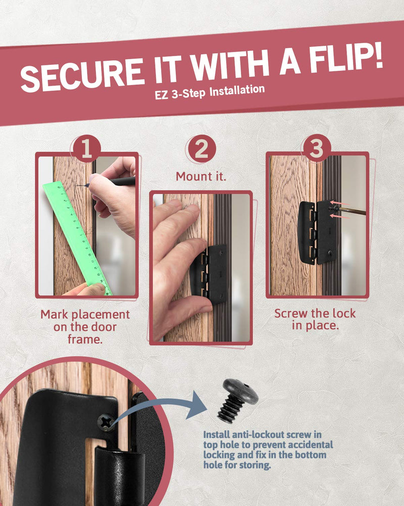 Jack N’ Drill Flip Action Door Lock (6 Pack)- Reversible Privacy Door Locks with Anti Lockout Screw for Child Proofing and Home Defense, Easy to Install and Durable Lock for Interior Swing-in Doors Black