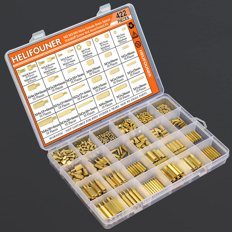 HELIFOUNER 422 Pieces M2 M3 M4 Male Female Hex Brass Spacers Standoffs Screws Nuts Assortment Kit, Threaded Pillar for Printed Circuit Board Motherboard M2 M3 M4 Brass Standoff Set