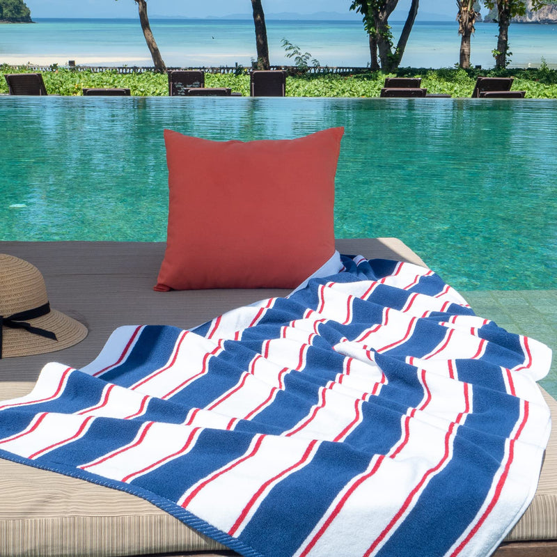 Aston & Arden Striped Beach Towel - Oversized 35 x 70 Soft Plush Thick Cotton, 600 GMS Heavy & Luxury for Pool Chairs, Resort, and Hot Tub, Navy/Red 1