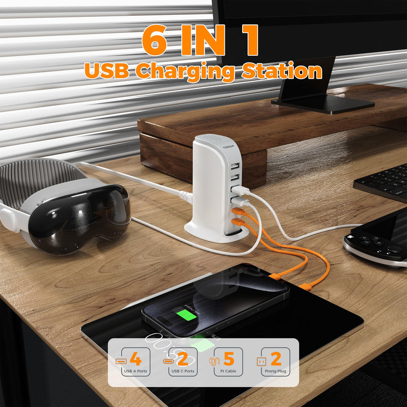 40W USB Charging Station for Multiple Devices, TESSAN Cell Phone Fast Charger Tower for iphone13/14/15, ipad, Tablet, Earphone with 6 USB Blocks(2 USB C) for Home Office Travel Accessories White