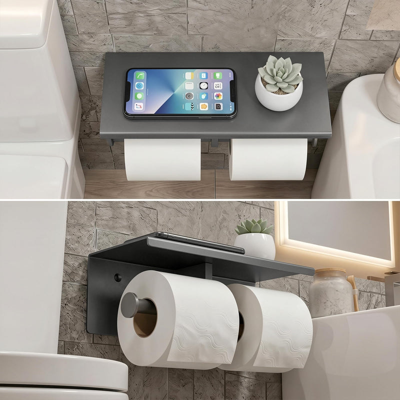 Double Toilet Paper Holder with Phone Storage Shelf Grey | Stainless Steel Tissue Roll Rack Large without Cover