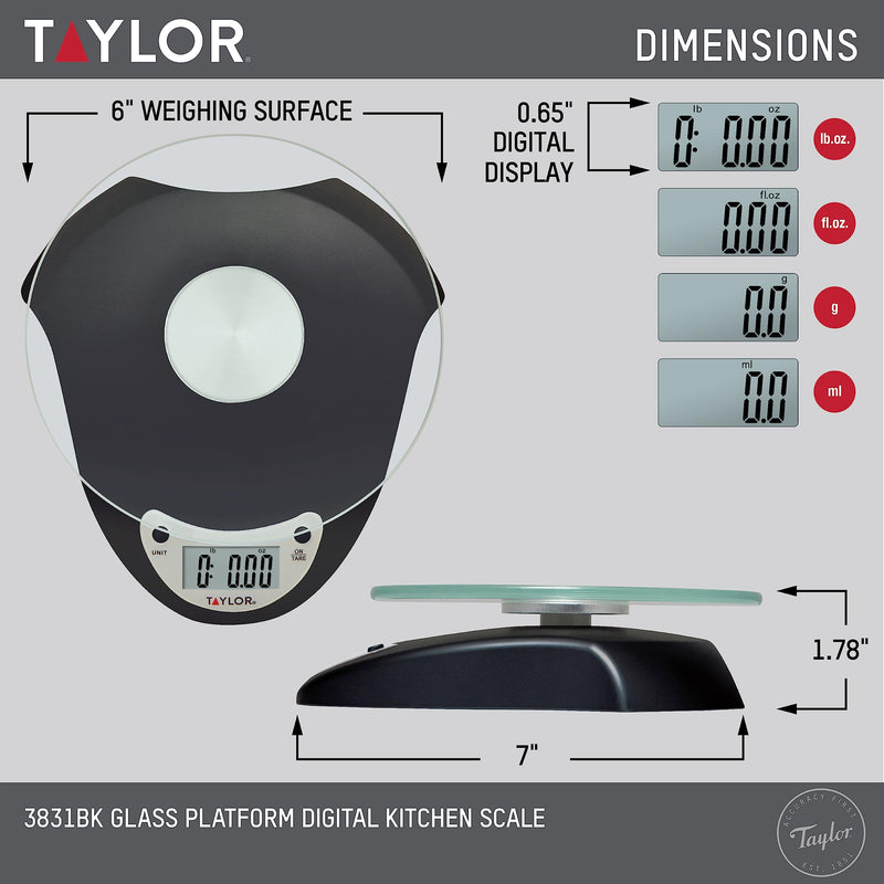 Taylor Digital Kitchen Scale with Glass Platform, Tare Button, and Plastic Body Weighs up to 11 Pounds Capacity, Black