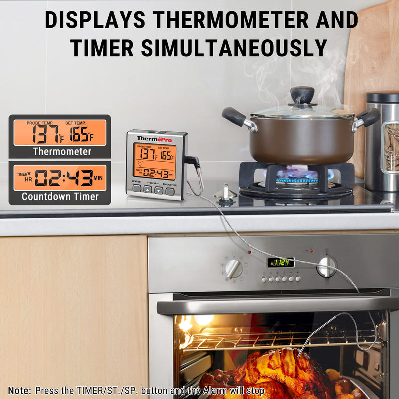 ThermoPro TP16S Digital Meat Thermometer for Cooking and Grilling, BBQ Food Thermometer with Backlight and Kitchen Timer, Grill Temperature Probe Thermometer for Smoker, Barbecue, Oven, Baking,Oil Light Silver