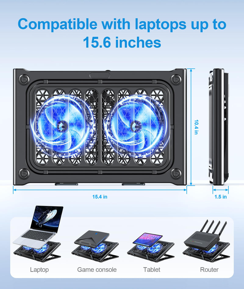 Laptop Cooling Pad Stand, Laptop Cooler with 2 Silent Fans for 10-15.6 Inch Laptops,6 Levels of Height Adjustable Wind Speed with 2 USB Ports (Black) Black