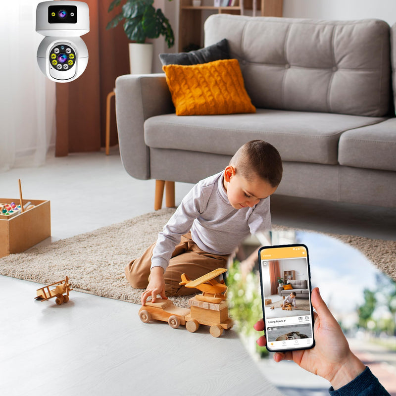 Dual Lens Security Camera - 2 Room Security Cameras WiFi - WiFi Camera Two Way - Wireless Security Cameras with Monitor - Smart Camera Lens - Video Cameras - Pet Cameras for Home - Indoor Camera WiFi
