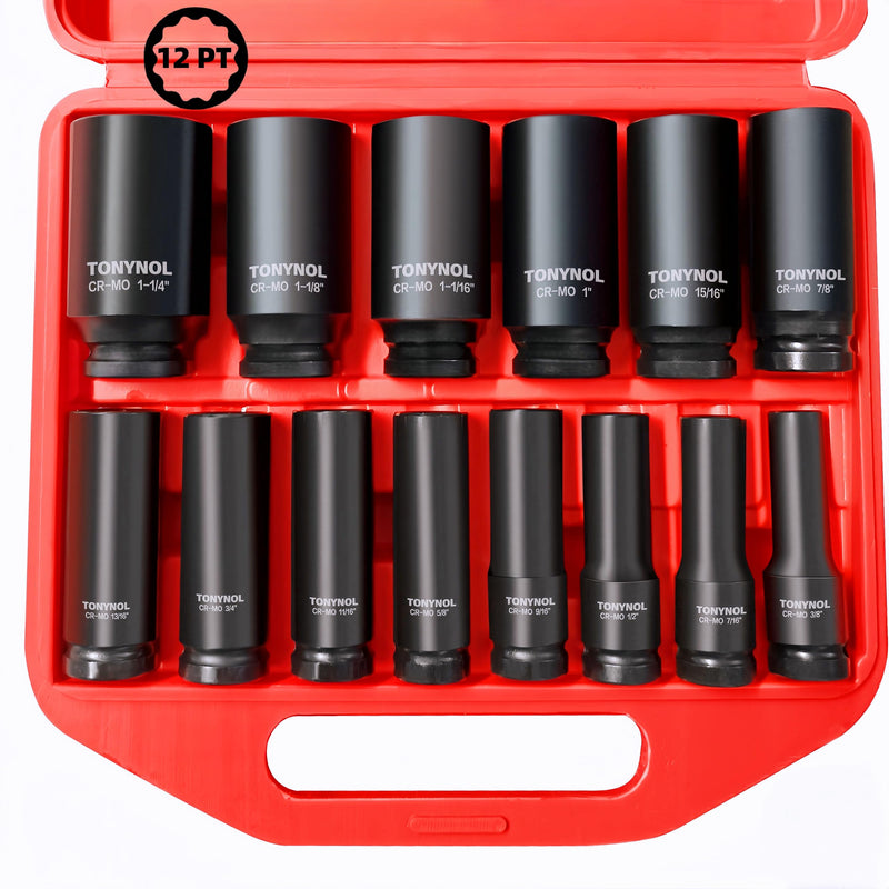 1/2 Inch Deep Drive Impact Socket Set,12-Point,SAE(3/8" to 1-1/4"),14 Pcs,Cr-Mo Steel,With a Storage Case