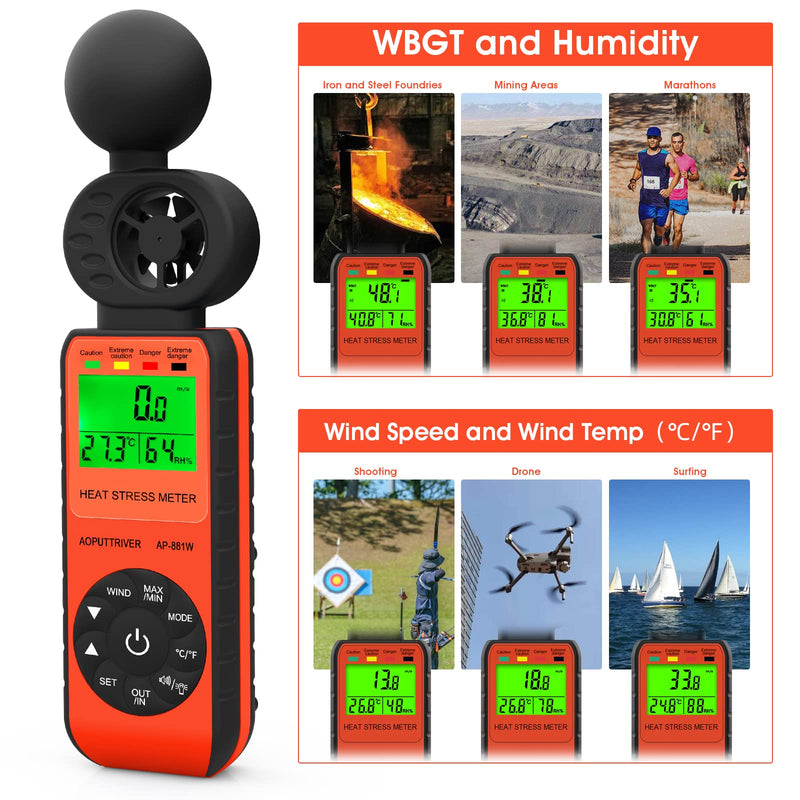 AOPUTTRIVER Anemometer AP-881W Hand Anemometer with Wind Speed/Temperature/Humidity/WBGT Alarm for Drone Flight, Hunting, Sailing