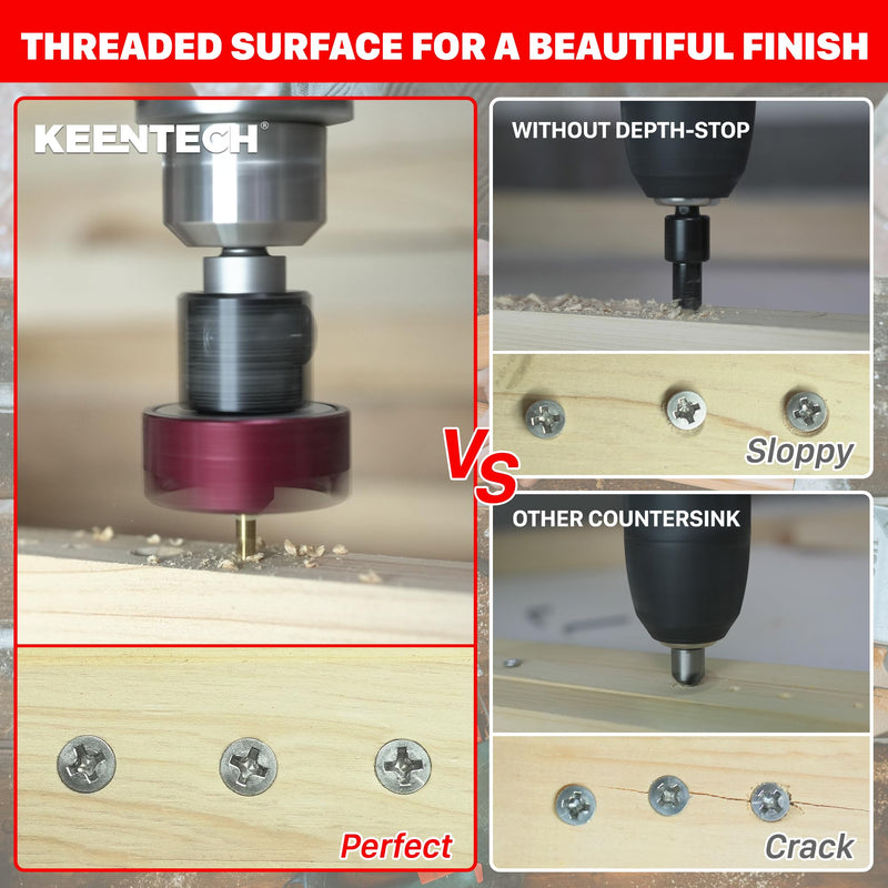 KEENTECH Carbide Tipped 82° Countersink Drill Bit with Depth Stop, 3/8" Dia x 5/32" Drill Diameter x 1/4" Shank, Adjustable Depth Stop with Ball Bearing 3/8" * 5/32"