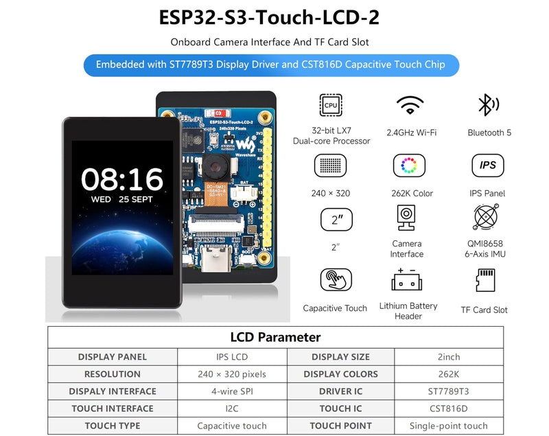 ESP32-S3 2inch Capacitive Touch Display Development Board, Onboard 2inch IPS Touchscreen 240x320 Pixels, 32-bit LX7 Dual-core Processor, Supports WiFi & Bluetooth (Without Camera Module)