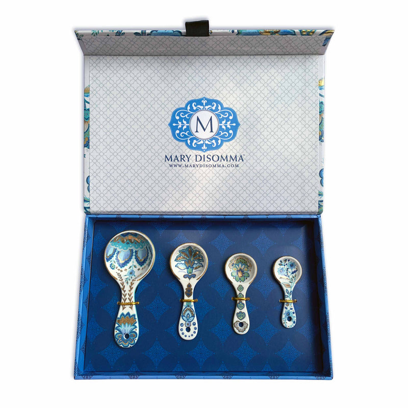 Mary DiSomma’s Ceramic Measuring Spoons (Set of 4) | Unique Signature Floral Print Design for each, Gold Overlay, Teal, Blue, Robin’s Egg Blue, Lime Green, Metallic Gold Chain, Boxed gift set