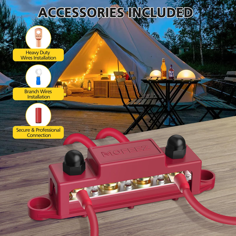 MOFEEZ Power Distribution Block Bus Bar, 4 x 5/16" Post Marine Bus Bar Battery Busbar Terminal Block with Cover, Lugs, Ring Terminals (Pair, Red & Black) 4*5/16" with copper lug