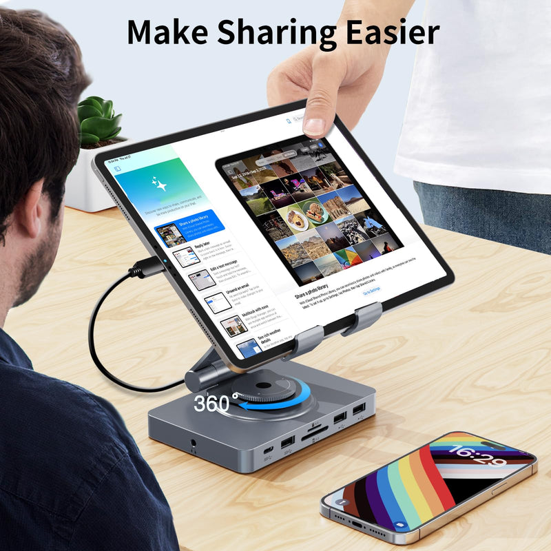 Versatile USB C Docking Station for iPad (USB-C), 11-in-1 with SD TF 4.0 Reader, 4K@60Hz HDMI, RJ45, Audio, USB A, USB c, Rotatable, Also for Tablet, Steam Deck, ROG Ally, Legion Go, with 65W Adapter With 65W Charger
