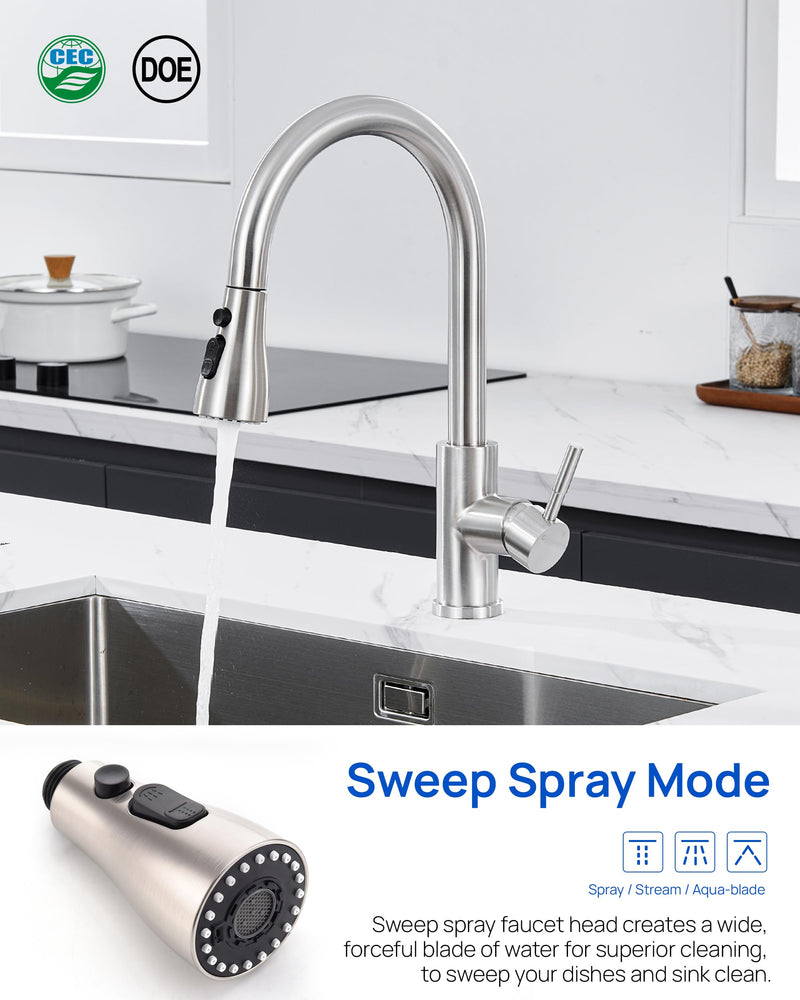Metal Kitchen Faucet Head Replacement – 3 Mode High-Pressure Sink Sprayer Replacement with 15 Nozzle Adapters, Durable Pull Down Spray Head for Kitchen Sink (Stream/Spray/Blade), Stainless Steel Brushed Nickel