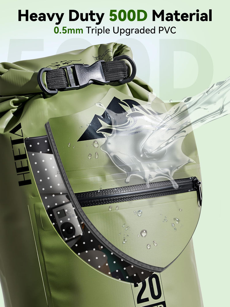 HEETA Waterproof Dry Bag with Front Zippered Pocket for Women Men, 5L/10L/20L/30L/40L Roll Top Lightweight Dry Storage Bag Backpack for Travel, Kayaking, Boating, Rafting, Camping, Hiking & Beach Green 10L