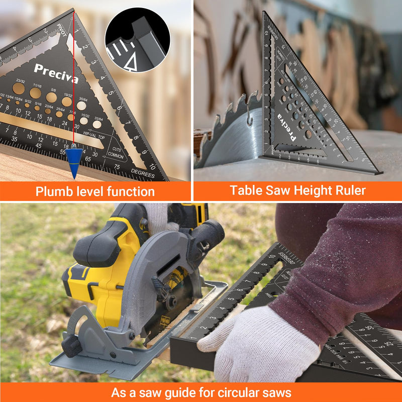 Preciva Carpenter Square Set, 12 inch (1/16" Scale) and 7 inch Rafter Square Aluminum Alloy, Multi-Purpose Carpenter Tool Measuring Layout Tool for Woodworking and Carpentry 7+12 IN