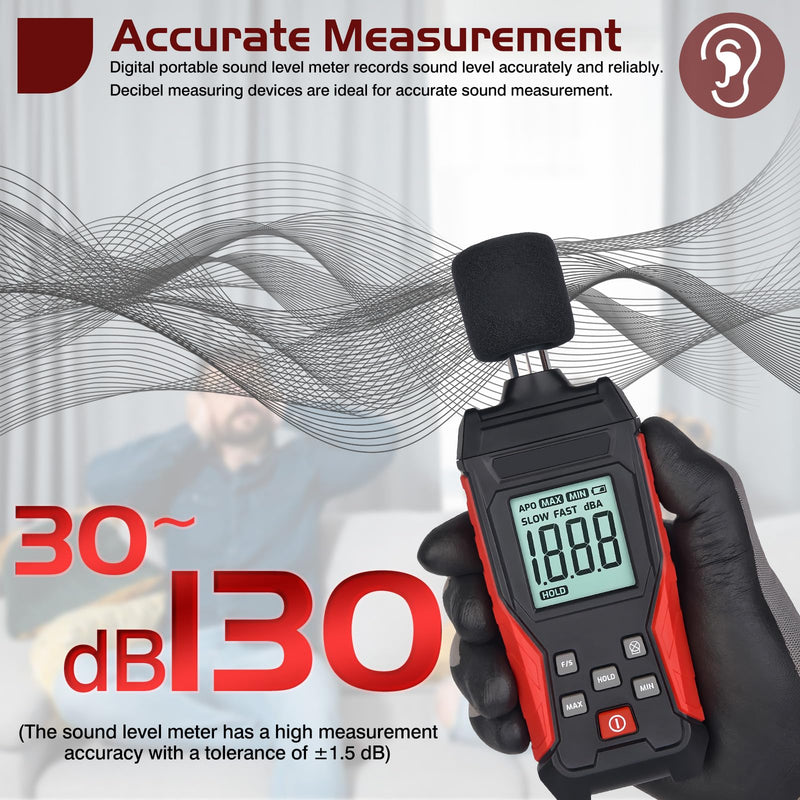 Sound Level Meter Decibel Meter 30-130 dB(A) Digital Meter with Record, Portable Sound Level Meter Calibrated LCD Display for Office, Industry & Noise Measurement