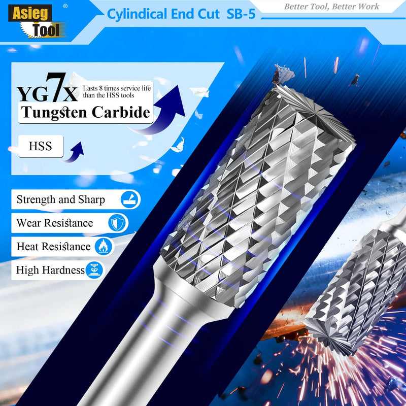 SB-5 Tungsten Carbide Burr Rotary File Cylinder Shape Double Cut with 1/4''Shank for Die Grinder Drill Bit SB-5