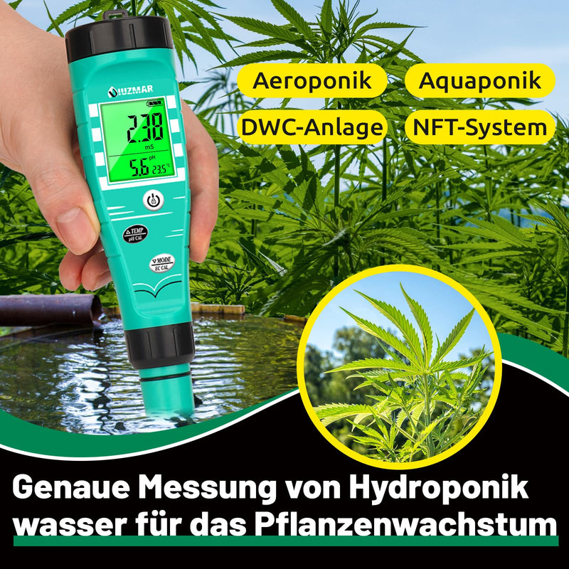 UIUZMAR pH Value Meter Hydroponics, pH EC Meter Grow 4 in 1 | PPM pH Meter for Water Hydroponics, Simultaneous Measurement of pH EC TDS Temperature for DWC, Aeroponic, Aquarium, Fish Pond black green