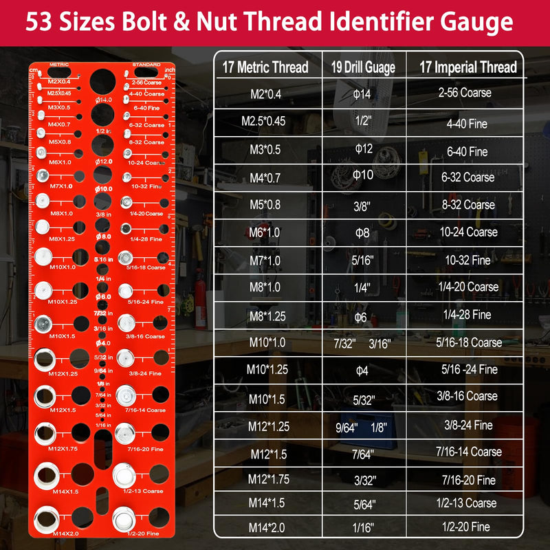 Manalete Thread Checker, 53 Nut and Bolt Thread Checker, Screw Size and Thread Identifier Gauge with 17 Standard & 17 Metric &19 Drill Bit Gauges, Bolt Size Finder for Quickly Identify Thread Sizes 53 Gauges - 17 Inch & 17 Metric &19 Drill Gauges