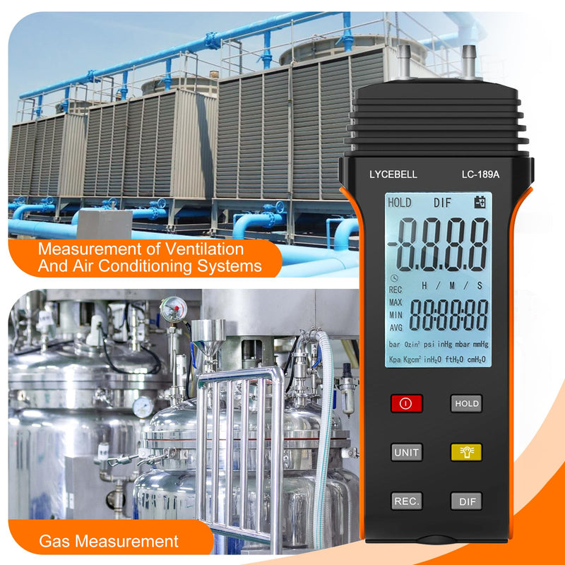 LC-189A Pressure Gauge, Digital Air Pressure Gauge, Differential Pressure Gauge, HVAC Gas Pressure Gauge, Suitable for Air Pressure Measurement (Black + Orange)