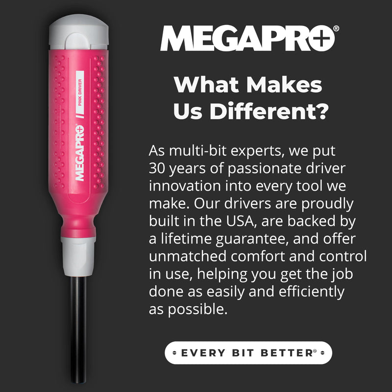 MEGAPRO® 15-in-1 Original Multi-bit Screwdriver | Home DIY & Repair | Construction | Tradeswork | 14 Industrial-grade bit tips | 1/4" Hex Drive in shaft (Pink) 15-in-1 Original Pink Multi-bit Screwdriver