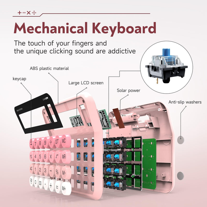 Mechanical Calculator,12 Digits, Large LCD Display,Big Buttons,Solar and Battery Dual Power Mechanical Keyboard Desktop Pink Calculators,Cute and Aesthetic (Pink, Large) Pink Gradient